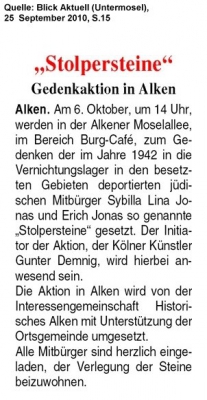 Blick Aktuell, 25.9.2010, Stolpersteine